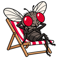 FFS mascot: a fruit fly relaxing on a lounger with crossed legs